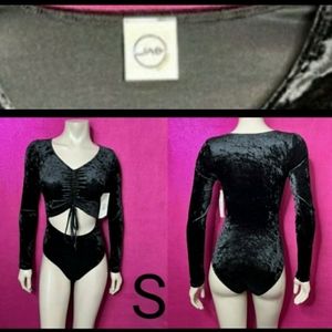 🆕Black Velvet Long Sleeve Cut Out Ruched Tie Bodysuit   Size S